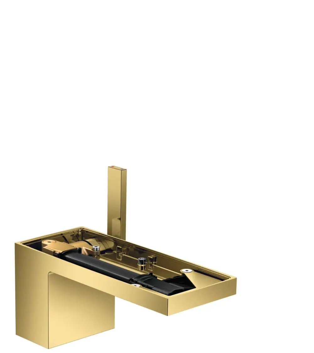 Ein Waschtischmischer in Goldoptik von AXOR mit minimalistischen Designs und integriertem Push-Open Ablaufgarnitur. Zeigt eine klare und funktionale Bauart.